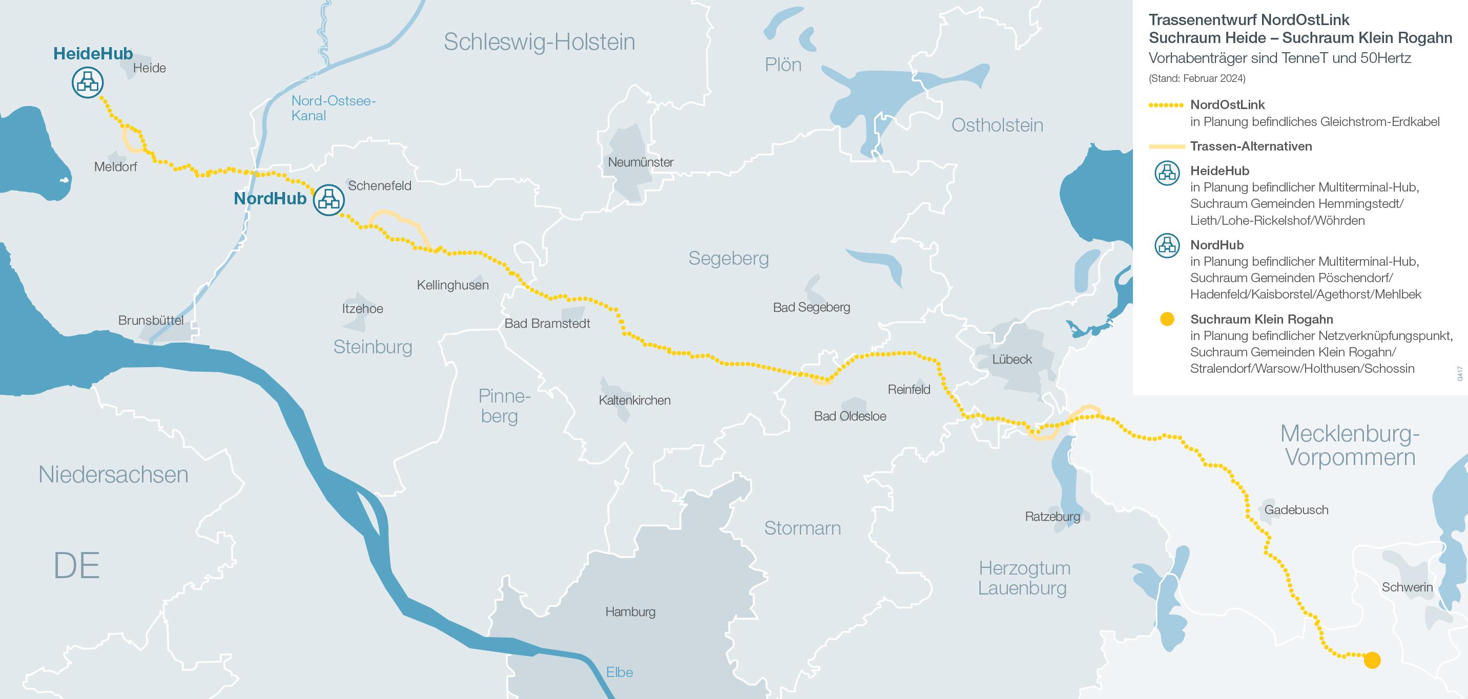 Karte des NordOstLink Trassenentwurfs