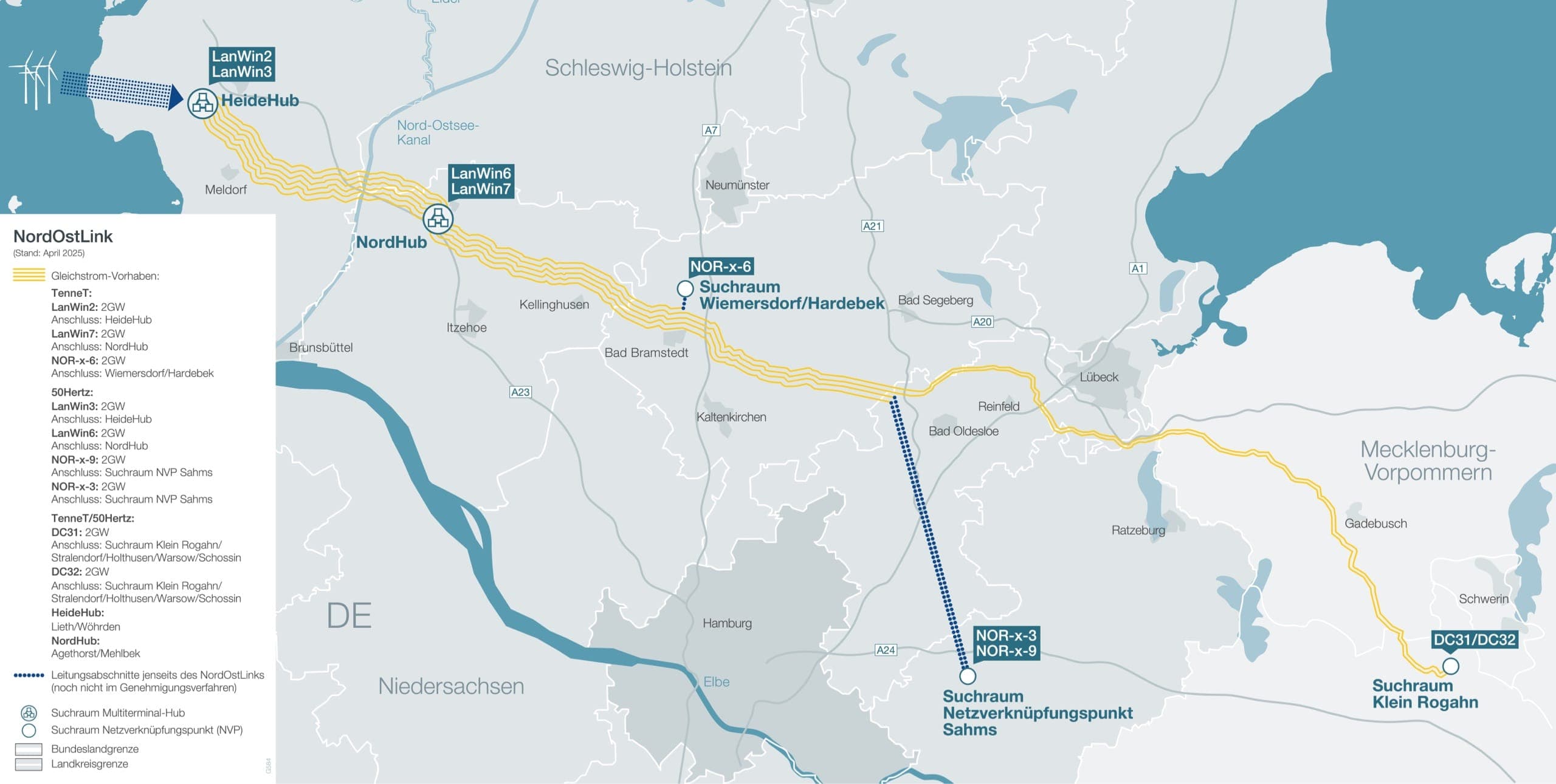 Leitungsverlauf NordOstLink mit Darstellung der einzelnen Leitungsvorhaben